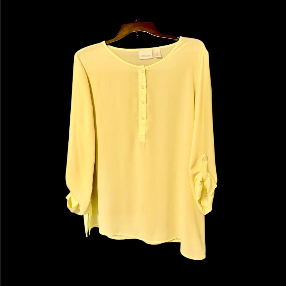 Chicos Butter Yellow Semi-Sheer Button Blouse Roll Sleeve Asymmetrical Size 3